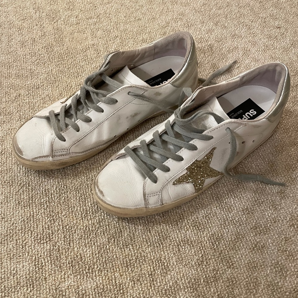Golden Goose Superstar size 38/8 white with gold glitter star and silver heel